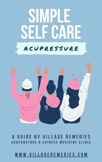 Three people from behind raising peace signs; text promotes a TCM self-care acupressure guide.
