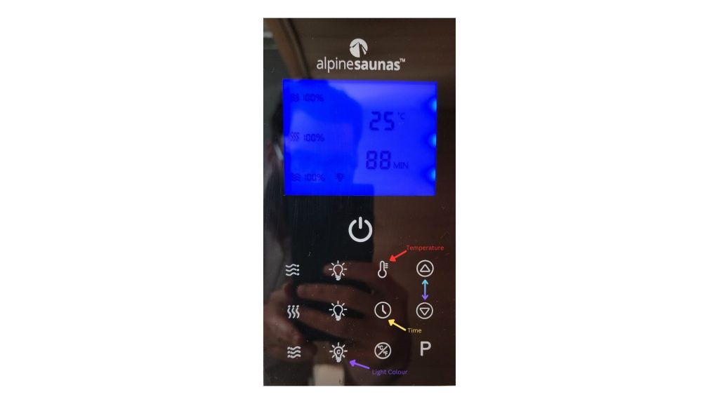 Alpine Saunas digital control panel displaying temperature, time, and various settings.