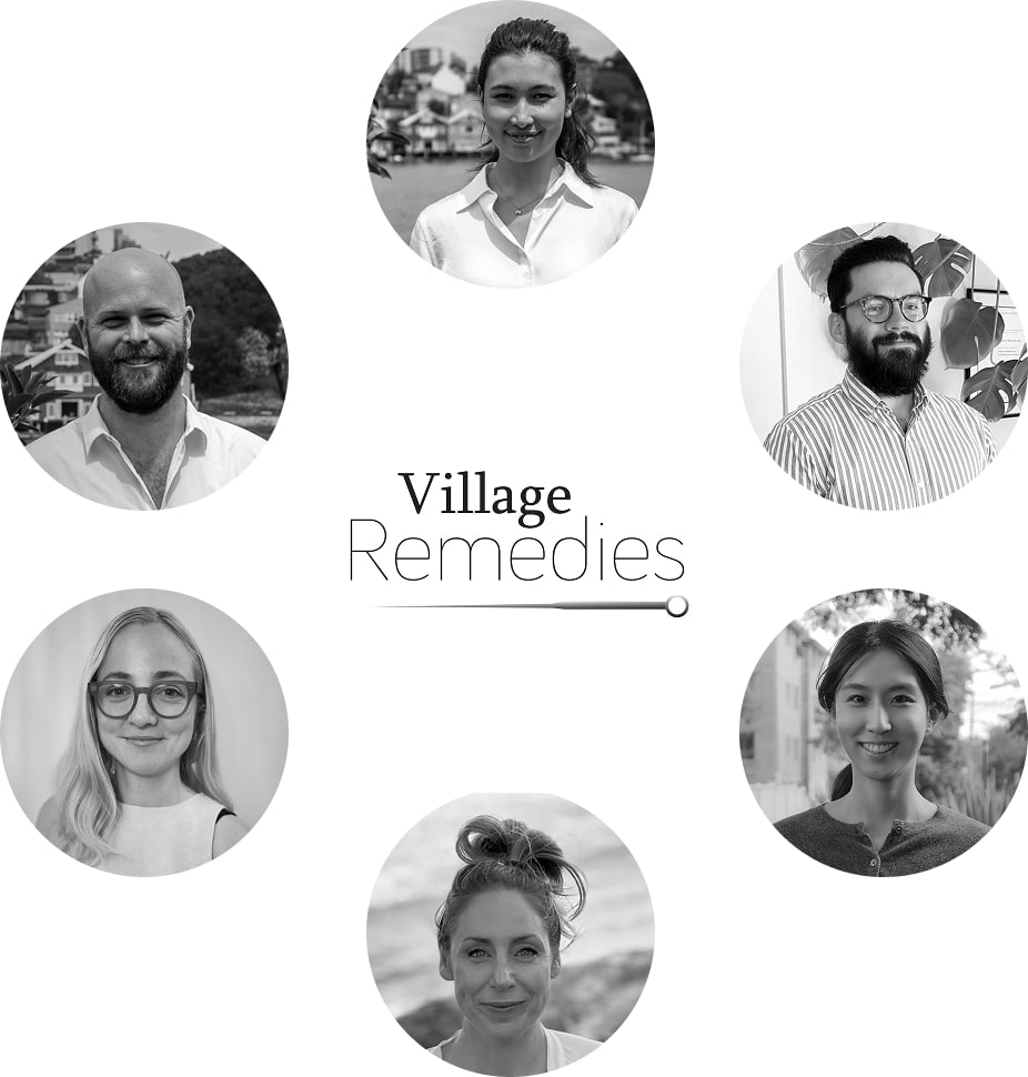 Six people in circular frames around the "Village Remedies" acupuncture logo, all facing the camera.