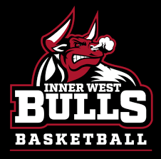 Logo of Inner West Bulls Basketball with an angry red bull, bold white text, and acupuncture flair.