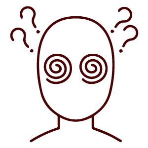 Outline of a head with spiral eyes and question marks, suggesting effects of acupuncture or confusion.
